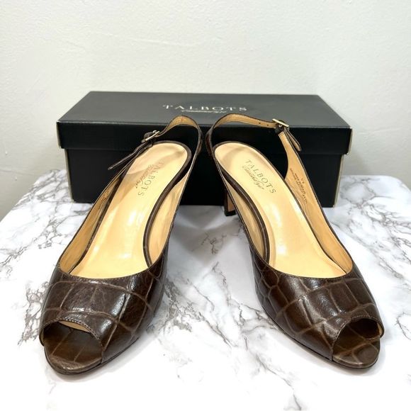 Chocolate 🍫 🐊 Croc Slingback Peep Toe Heels size 9W - Picture 4 of 5